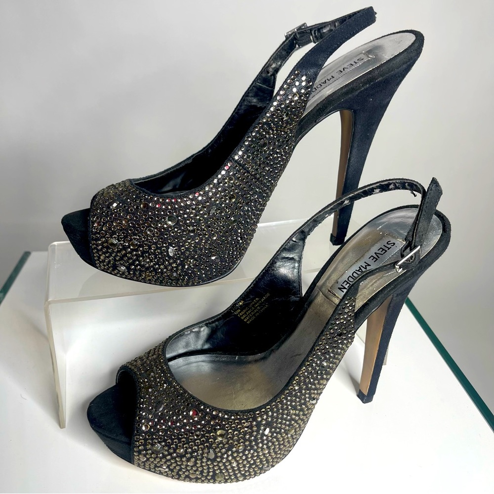 Black Peep-Toe Platform Formal, Party, Prom, Birthday Heels w/ Rhinestones